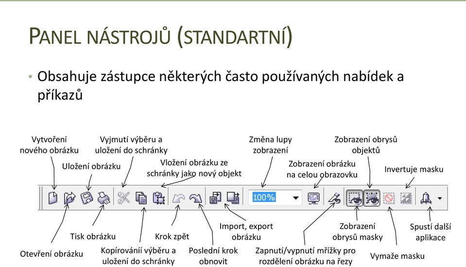 obrazovku Zobrazení obrysů objektů Invertuje masku Otevření obrázku Tisk obrázku Krok zpět Kopírováníí výběru a uložení do schránky