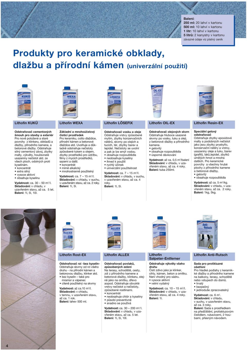 dlažby. Odstraňuje silný cementový závoj, zbytky malty, výkvěty, houževnaté usazeniny nečistot atd. ze všech ploch, odolných proti kyselinám.