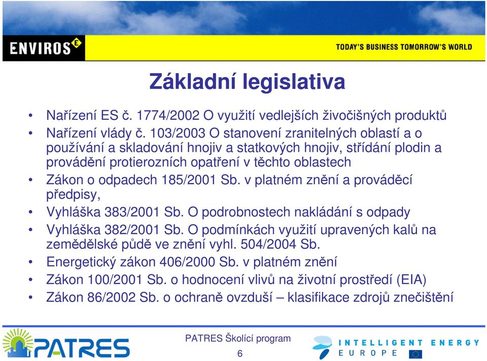 Zákon o odpadech 185/2001 Sb. v platném znění a prováděcí předpisy, Vyhláška 383/2001 Sb. O podrobnostech nakládání s odpady Vyhláška 382/2001 Sb.