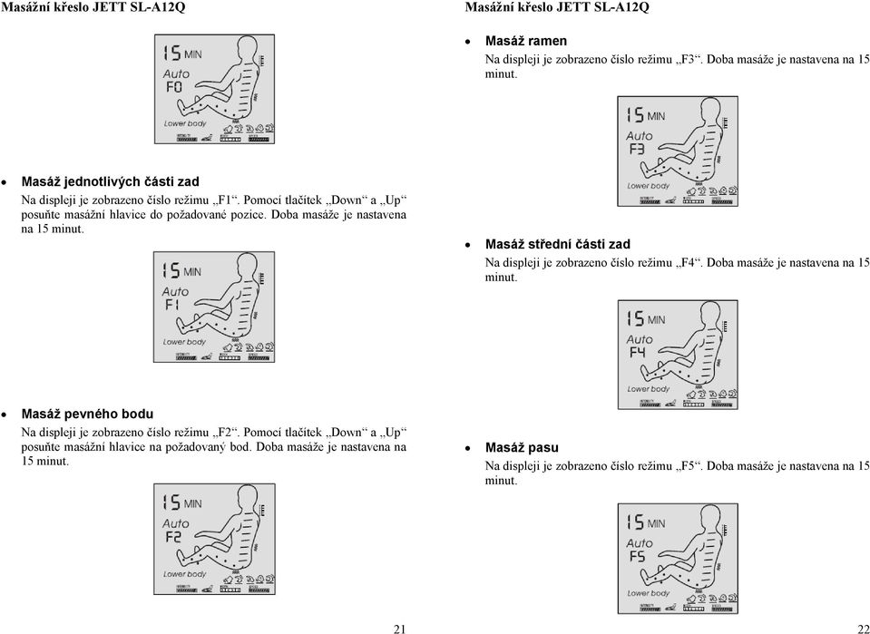 Dba masáže je nastavena na 15 minut. Masáž střední části zad Na displeji je zbrazen čísl režimu F4. Dba masáže je nastavena na 15 minut.