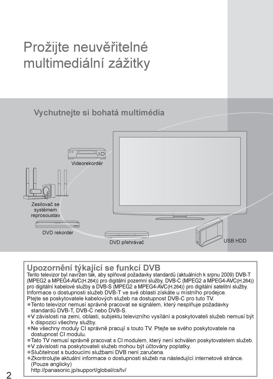 264)) pro digitální kabelové služby a DVB-S (MPEG2 a MPEG4-AVC(H.264)) pro digitální satelitní služby. Informace o dostupnosti služeb DVB-T ve své oblasti získáte u místního prodejce.