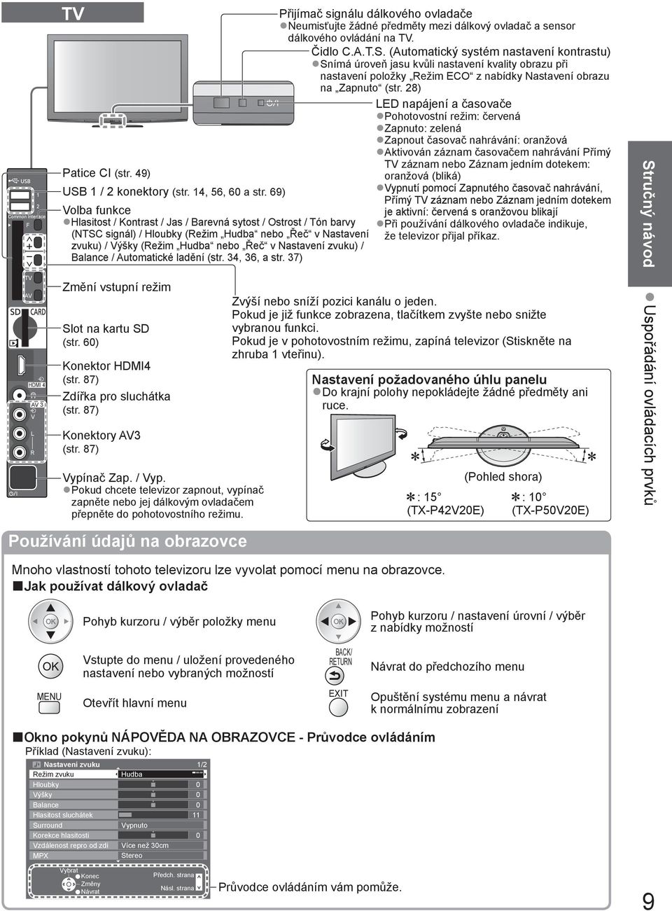 Balance / Automatické ladění (str. 34, 36, a str. 37) Přijímač signálu dálkového ovladače Neumisťujte žádné předměty mezi dálkový ovladač a sensor dálkového ovládání na. Čidlo C.A.T.S.
