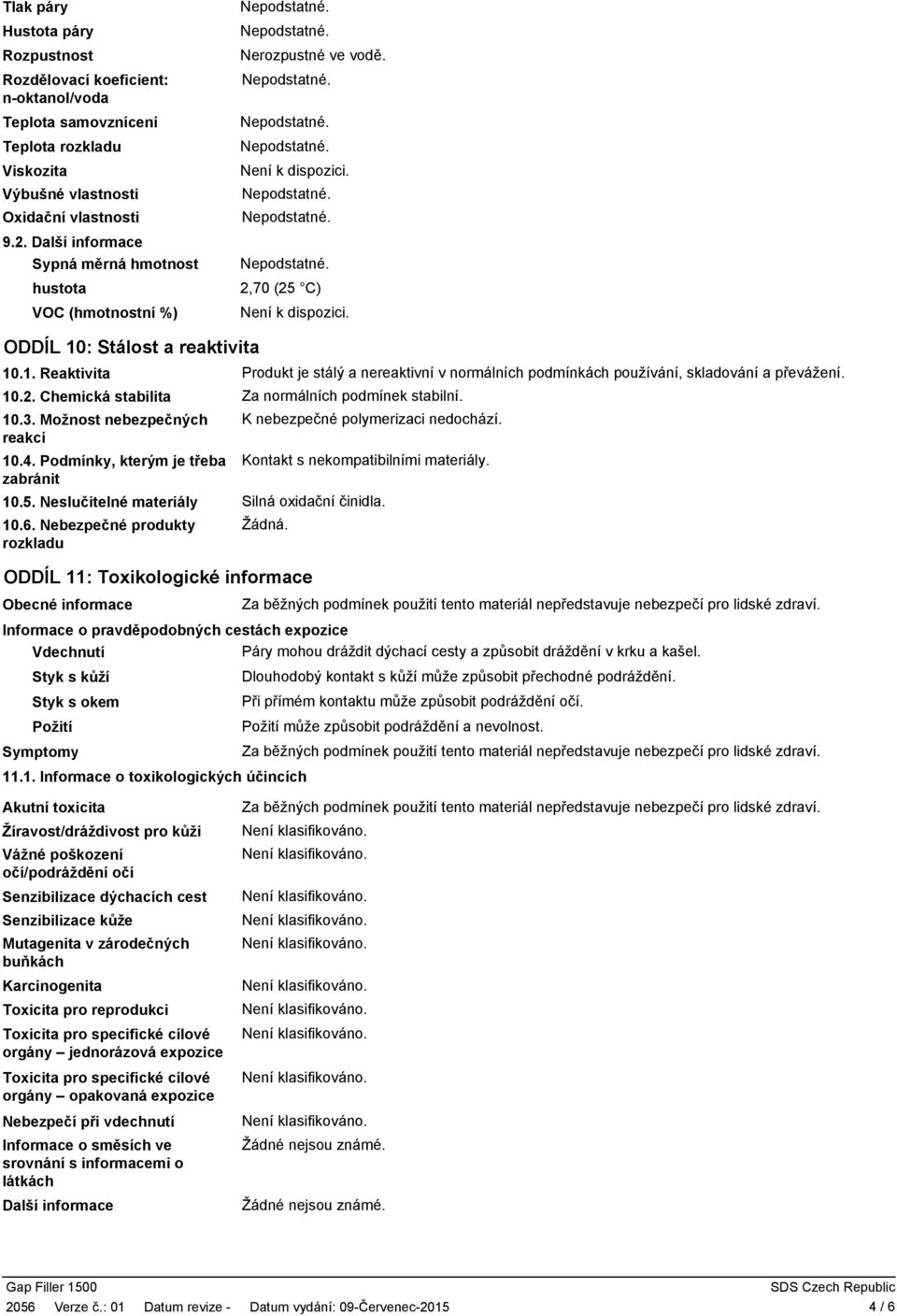 Možnost nebezpečných reakcí 10.4. Podmínky, kterým je třeba zabránit 10.5. Neslučitelné materiály 10.6.