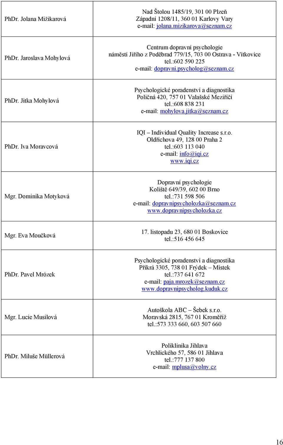 Jitka Mohylová Poličná 420, 757 01 Valašské Meziříčí tel.:608 838 231 e-mail: mohylova.jitka@seznam.cz PhDr. Iva Moravcová IQI Individual Quality Increase s.r.o. Oldřichova 49, 128 00 Praha 2 tel.