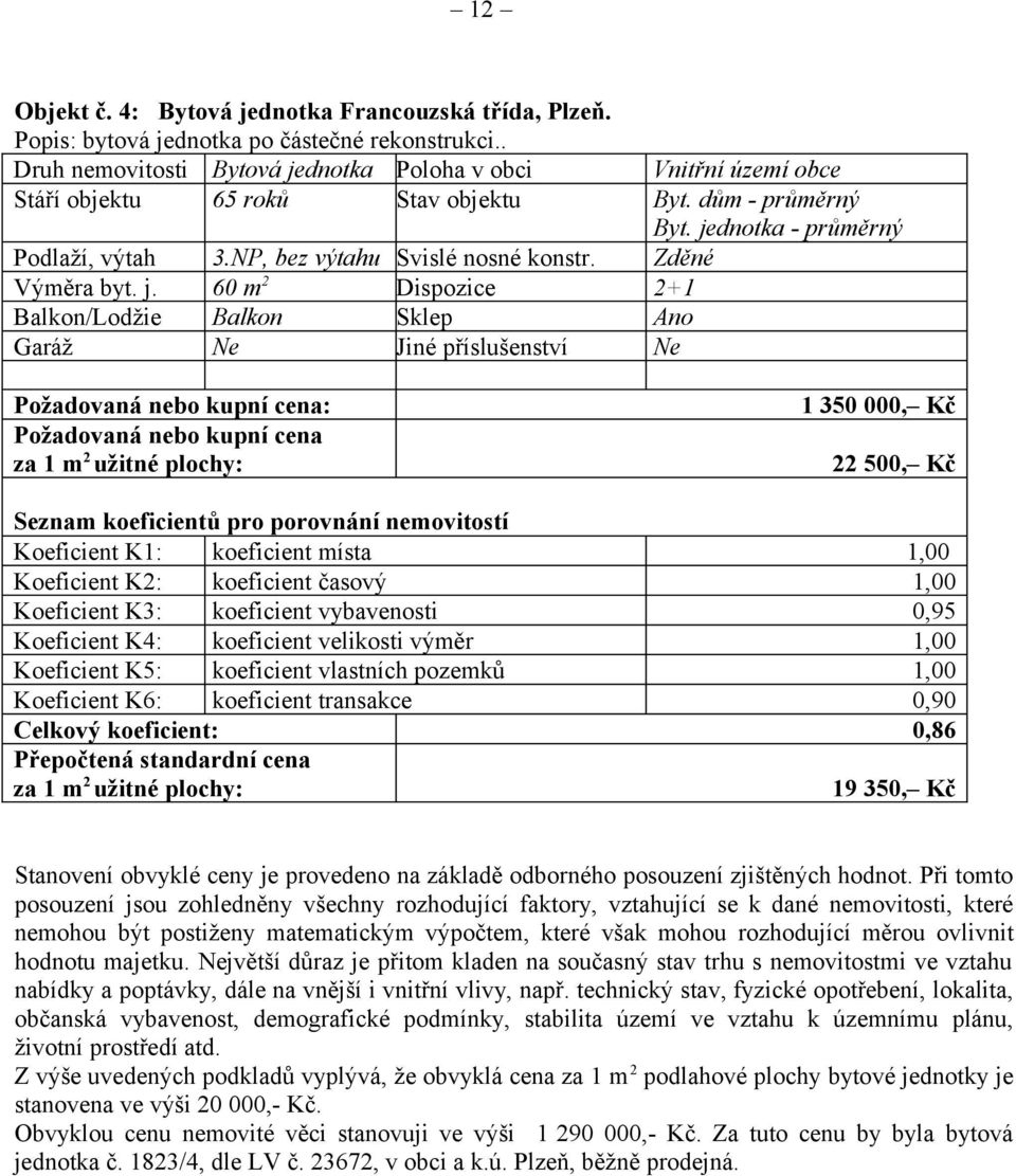 Dispozice Sklep Jiné příslušenství Požadovaná nebo kupní cena: Požadovaná nebo kupní cena za 1 m2 užitné plochy: Seznam koeficientů pro porovnání nemovitostí Koeficient K1: koeficient místa