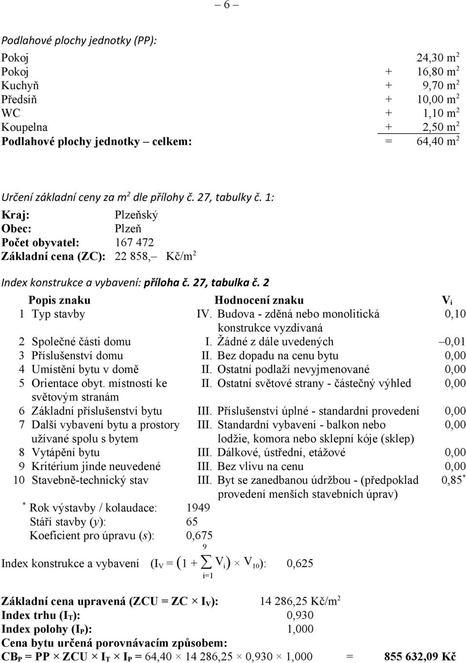 2 Popis znaku Hodnocení znaku 1 Typ stavby IV. Budova - zděná nebo monolitická konstrukce vyzdívaná 2 Společné části domu I. Žádné z dále uvedených 3 Příslušenství domu II.