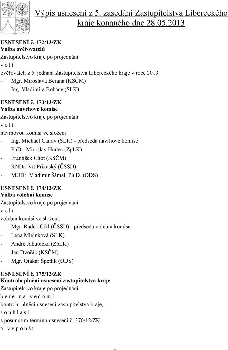 Miroslav Hudec (ZpLK) - František Chot (KSČM) - RNDr Vít Příkaský (ČSSD) - MUDr Vladimír Šámal, PhD (ODS) USNESENÍ č 174/13/ZK Volba volební komise v o l í volební komisi ve složení: - Mgr Radek Cikl