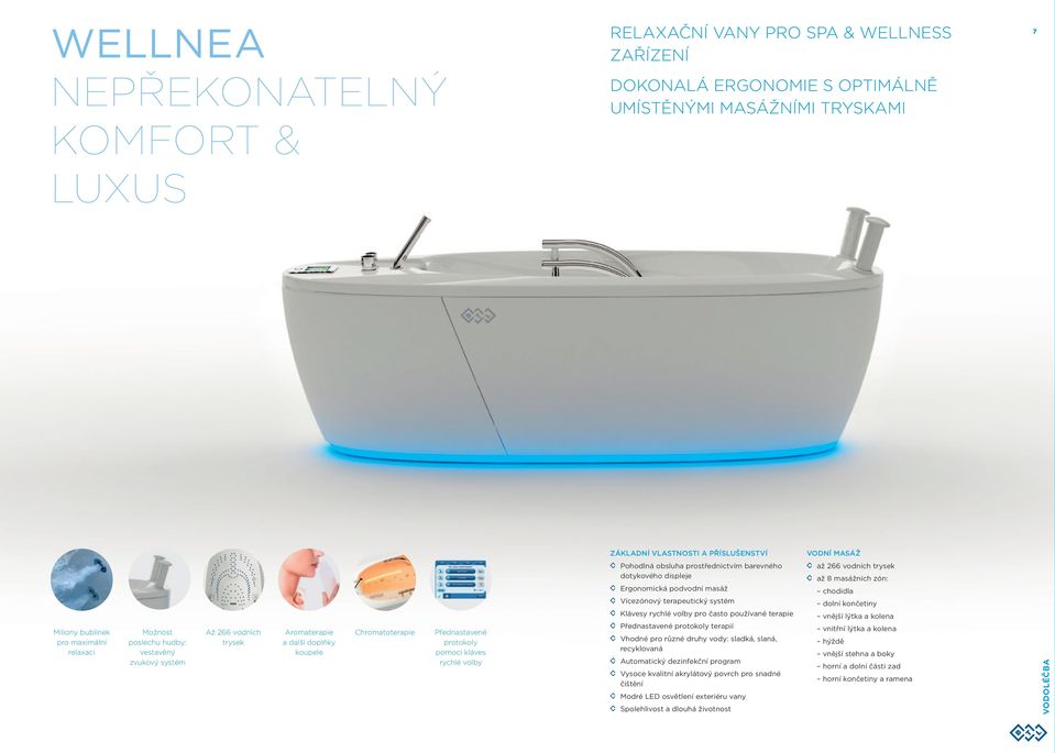kláves rychlé volby Pohodlná obsluha prostřednictvím barevného dotykového displeje Ergonomická podvodní masáž Vícezónový terapeutický systém Klávesy rychlé volby pro často používané terapie