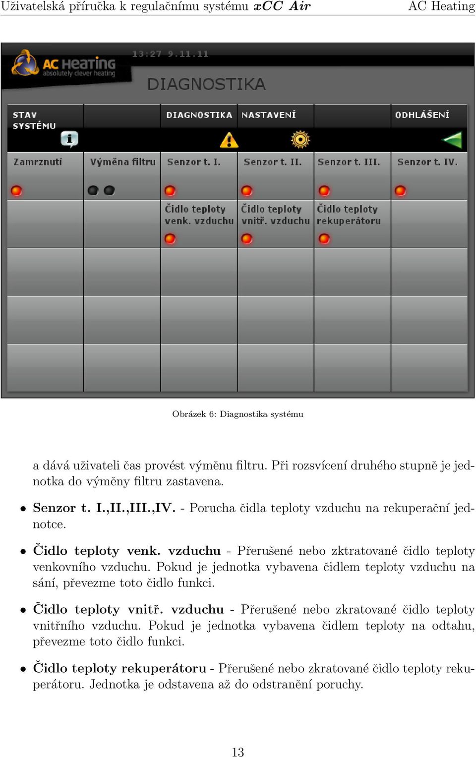 Pokud je jednotka vybavena čidlem teploty vzduchu na sání, převezme toto čidlo funkci. Čidlo teploty vnitř. vzduchu - Přerušené nebo zkratované čidlo teploty vnitřního vzduchu.