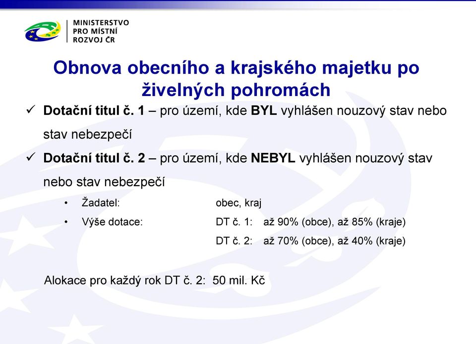 2 pro území, kde NEBYL vyhlášen nouzový stav nebo stav nebezpečí Žadatel: obec, kraj Výše