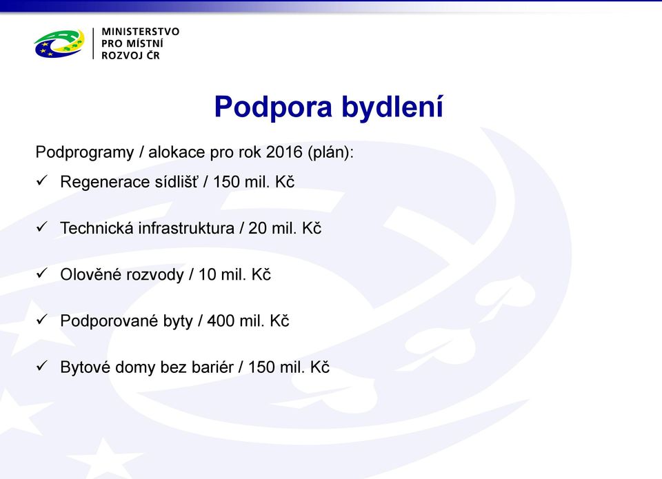 Kč Podpora bydlení Technická infrastruktura / 20 mil.