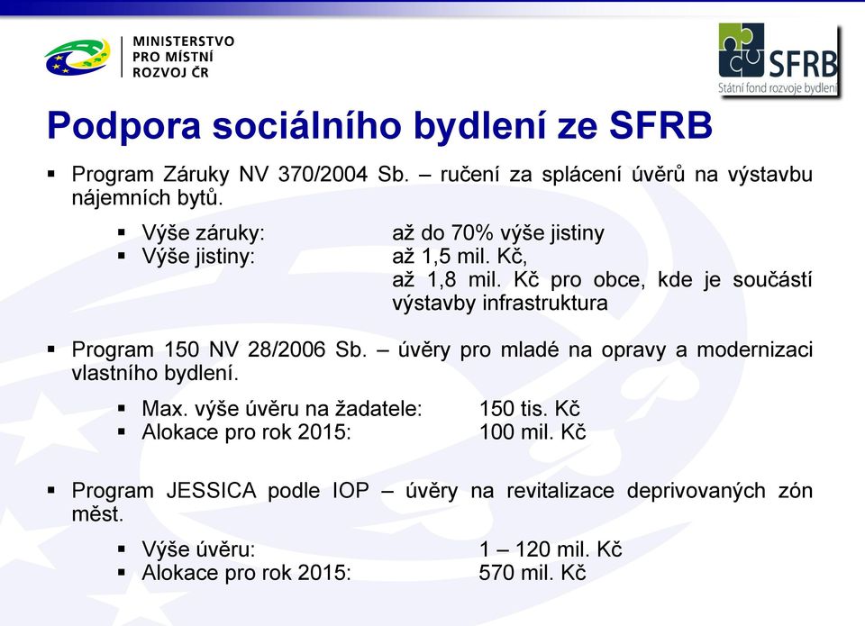 Kč pro obce, kde je součástí výstavby infrastruktura Program 150 NV 28/2006 Sb.