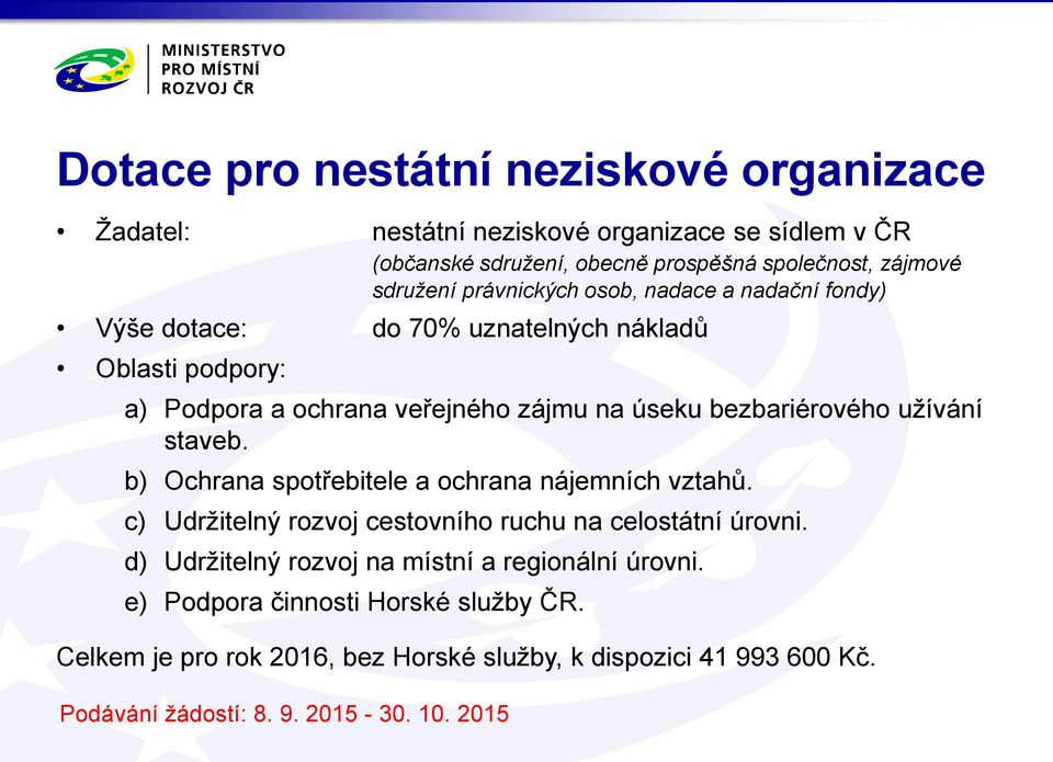 užívání staveb. b) Ochrana spotřebitele a ochrana nájemních vztahů. c) Udržitelný rozvoj cestovního ruchu na celostátní úrovni.