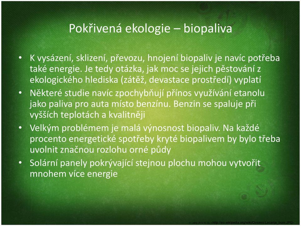 etanolu jako paliva pro auta místo benzínu. Benzin se spaluje při vyšších teplotách a kvalitněji Velkým problémem je malá výnosnost biopaliv.