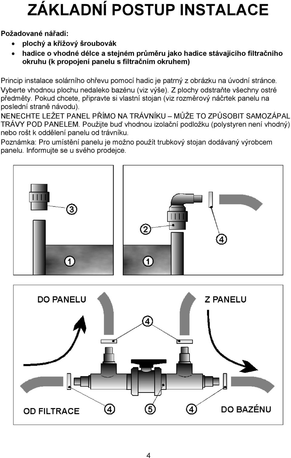 Pokud chcete, připravte si vlastní stojan (viz rozměrový náčrtek panelu na poslední straně návodu). NENECHTE LEŽET PANEL PŘÍMO NA TRÁVNÍKU MŮŽE TO ZPŮSOBIT SAMOZÁPAL TRÁVY POD PANELEM.