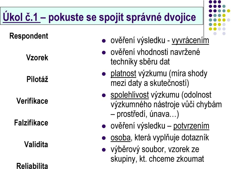 ověření výsledku - vyvrácením ověření vhodnosti navržené techniky sběru dat platnost výzkumu (míra shody mezi