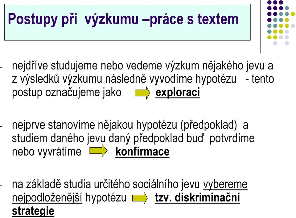 hypotézu (předpoklad) a studiem daného jevu daný předpoklad buď potvrdíme nebo vyvrátíme konfirmace -