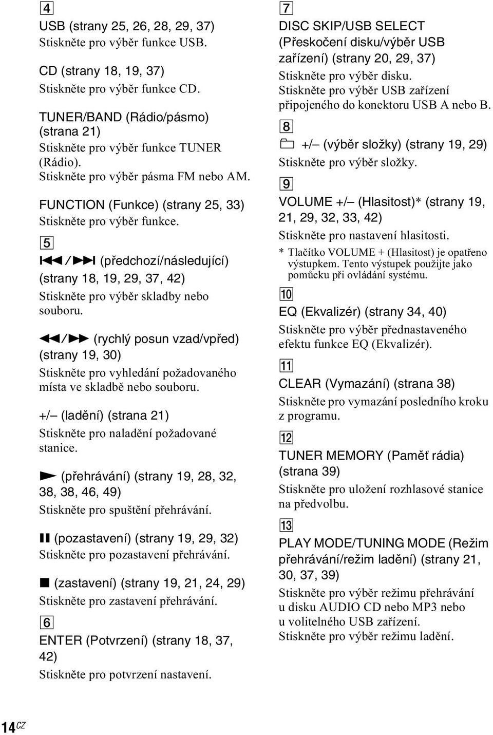 m/m (rychlý posun vzad/vpřed) (strany 19, 30) Stiskněte pro vyhledání požadovaného místa ve skladbě nebo souboru. +/ (ladění) (strana 21) Stiskněte pro naladění požadované stanice.