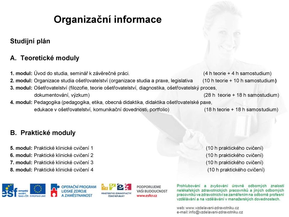 modul: Ošetřovatelství (filozofie, teorie ošetřovatelství, diagnostika, ošetřovatelský proces, dokumentování, výzkum) (28 h teorie + 18 h samostudium) 4.