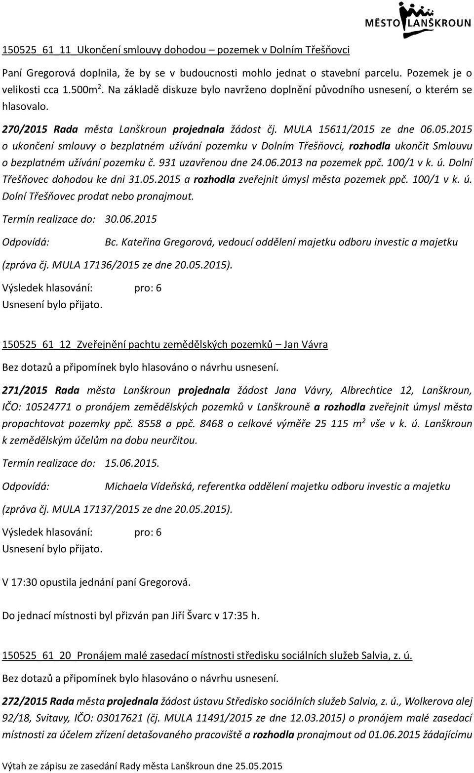 2015 o ukončení smlouvy o bezplatném užívání pozemku v Dolním Třešňovci, rozhodla ukončit Smlouvu o bezplatném užívání pozemku č. 931 uzavřenou dne 24.06.2013 na pozemek ppč. 100/1 v k. ú.