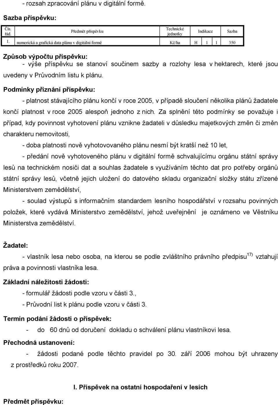 plánu. Podmínky přiznání příspěvku: platnost stávajícího plánu končí v roce 2005, v případě sloučení několika plánů žadatele končí platnost v roce 2005 alespoň jednoho z nich.