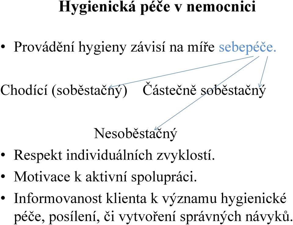 individuálních zvyklostí. Motivace k aktivní spolupráci.