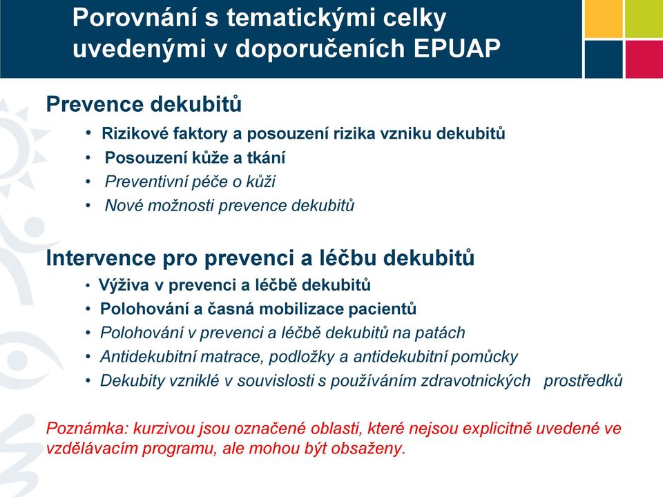 mobilizace pacientů Polohování v prevenci a léčbě dekubitů na patách Antidekubitní matrace, podložky a antidekubitní pomůcky Dekubity vzniklé v souvislosti