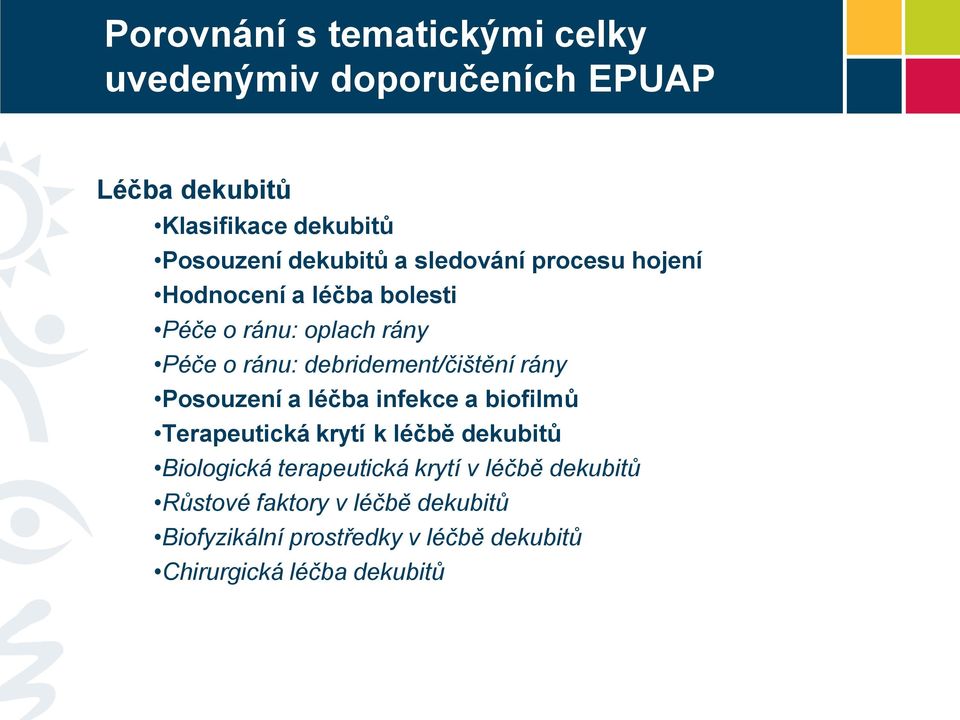 debridement/čištění rány Posouzení a léčba infekce a biofilmů Terapeutická krytí k léčbě dekubitů Biologická