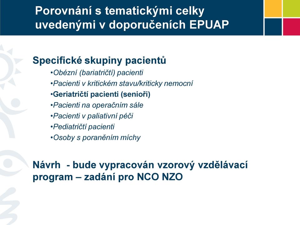 pacienti (senioři) Pacienti na operačním sále Pacienti v paliativní péči Pediatričtí