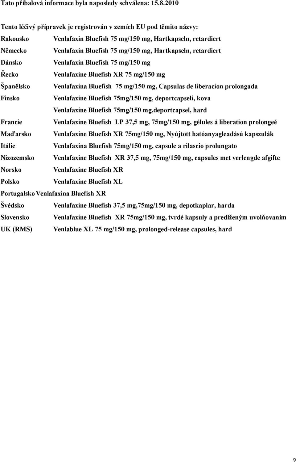 retardiert Dánsko Venlafaxin Bluefish 75 mg/150 mg Řecko Venlafaxine Bluefish XR 75 mg/150 mg Španělsko Venlafaxina Bluefish 75 mg/150 mg, Capsulas de liberacion prolongada Finsko Venlafaxine
