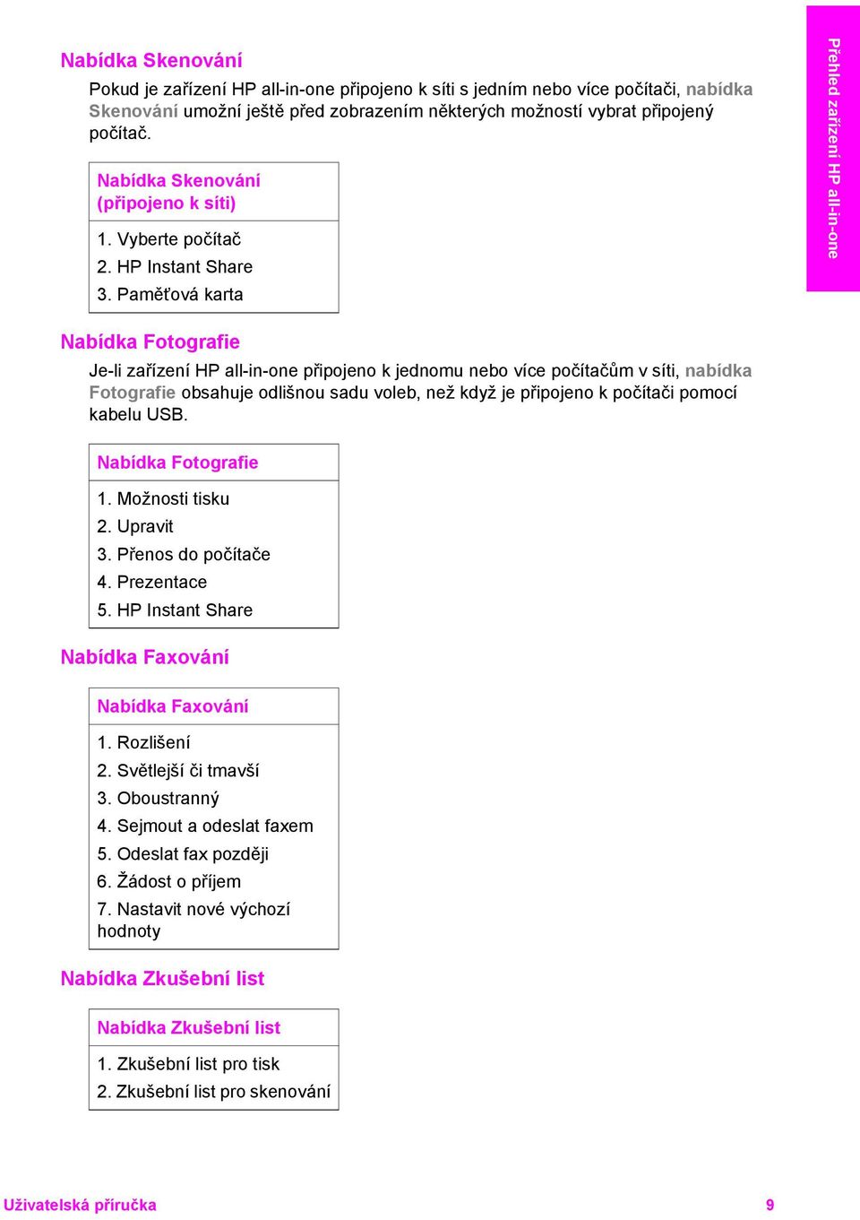 Paměťová karta Přehled zařízení HP all-in-one Nabídka Fotografie Je-li zařízení HP all-in-one připojeno k jednomu nebo více počítačům v síti, nabídka Fotografie obsahuje odlišnou sadu voleb, než když