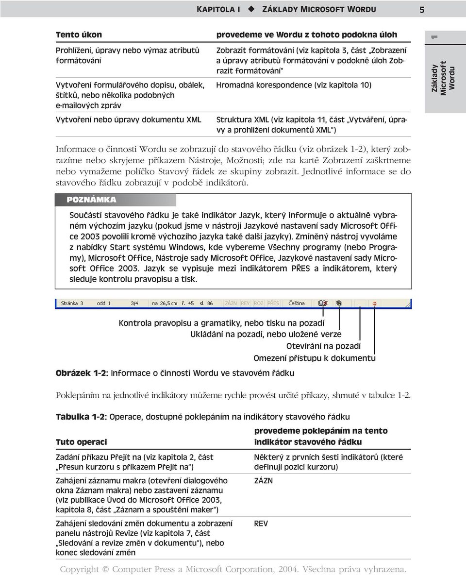 Vytvoření nebo úpravy dokumentu XML Struktura XML (viz kapitola 11, část Vytváření, úpravy a prohlížení dokumentů XML ) 1 Základy Microsoft Wordu Informace o činnosti Wordu se zobrazují do stavového