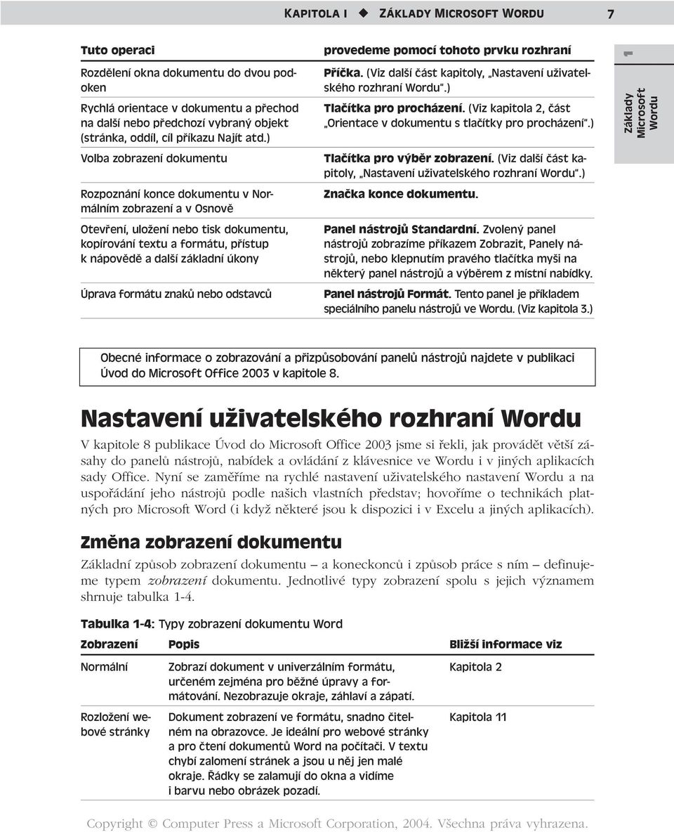 ) Volba zobrazení dokumentu Rozpoznání konce dokumentu v Normálním zobrazení a v Osnově Otevření, uložení nebo tisk dokumentu, kopírování textu a formátu, přístup k nápovědě a další základní úkony