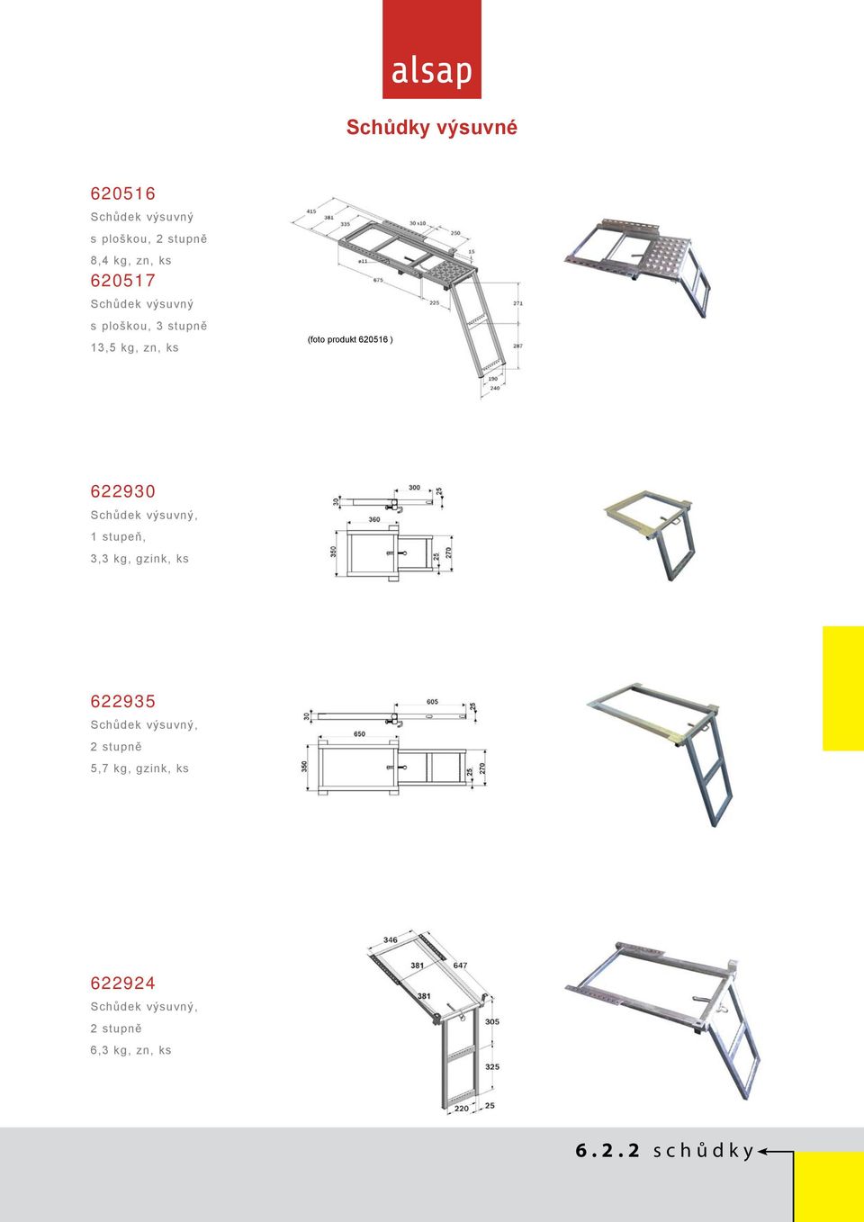 ) 622930 Schůdek výsuvný, 1 stupeň, 3,3 kg, gzink, ks 622935 Schůdek výsuvný, 2