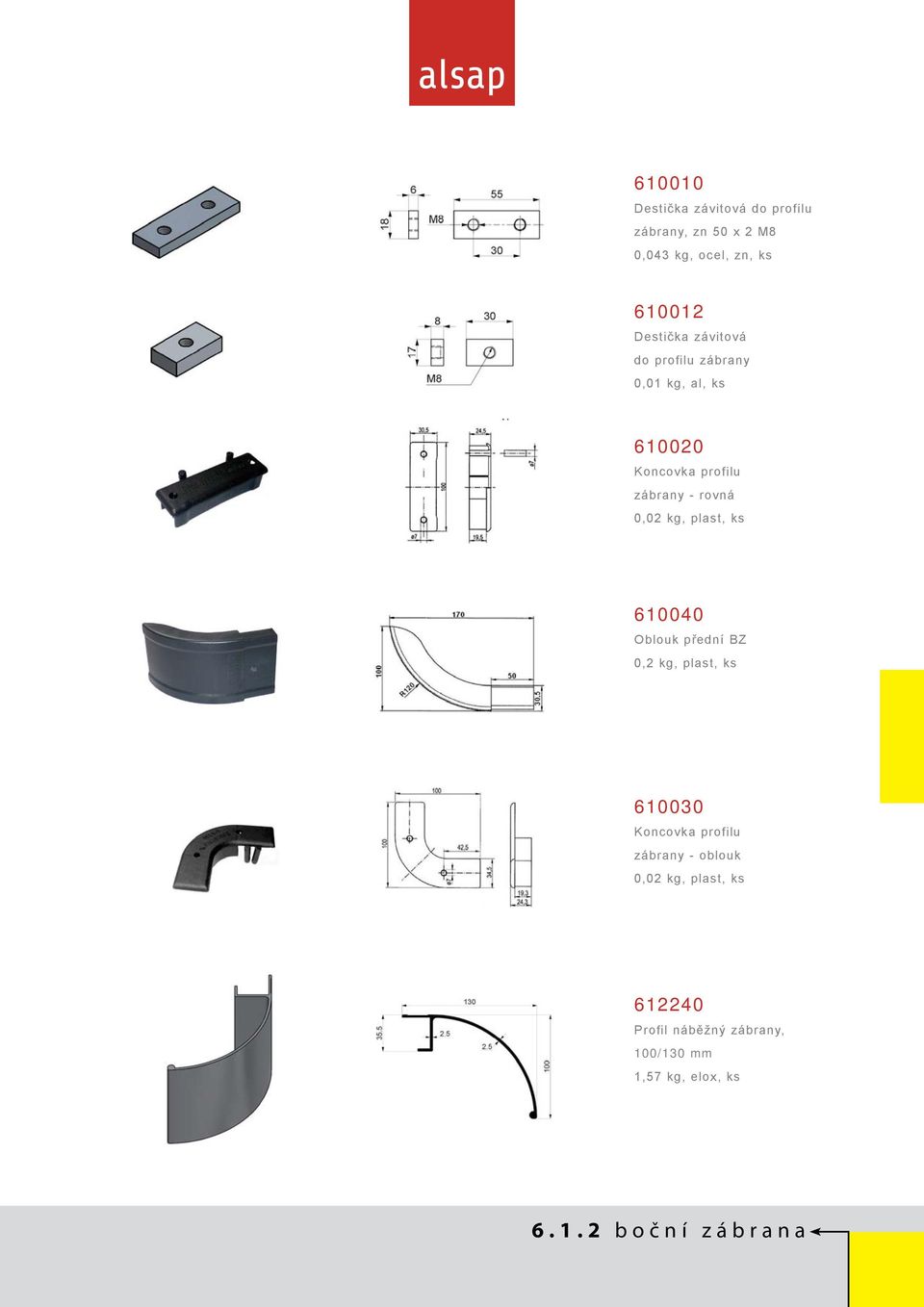 0,02 kg, plast, ks 610040 Oblouk přední BZ 0,2 kg, plast, ks 610030 Koncovka profilu zábrany -