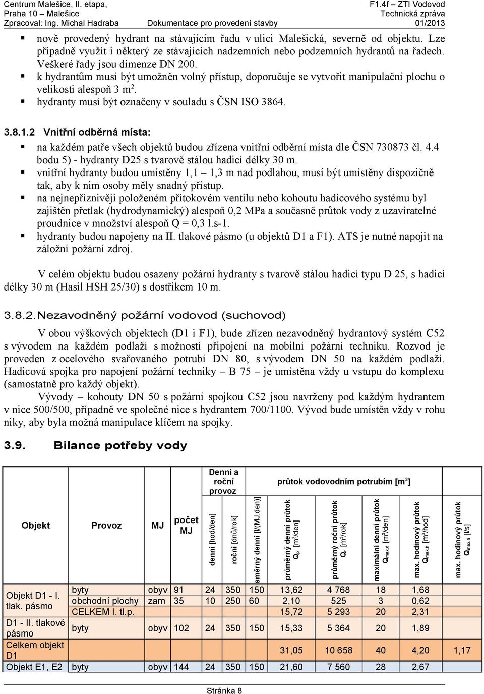 3.8.1.2 Vnitřní odběrná místa: na každém patře všech objektů budou zřízena vnitřní odběrní místa dle ČSN 730873 čl. 4.4 bodu 5) - hydranty D25 s tvarově stálou hadicí délky 30 m.