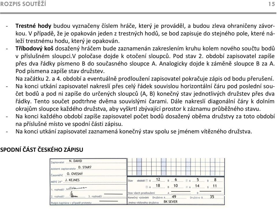 - Tříbodový koš dosažený hráčem bude zaznamenán zakreslením kruhu kolem nového součtu bodů v příslušném sloupci.v poločase dojde k otočení sloupců. Pod stav 2.