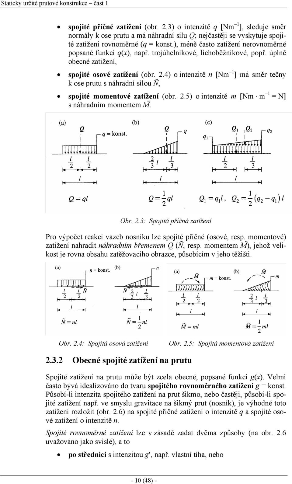 ), méně často zatížení nerovnoměrné popsané funkcí q(x), např. trojúhelníkové, lichoběžníkové, popř. úplně obecné zatížení, spojité osové zatížení (obr. 2.