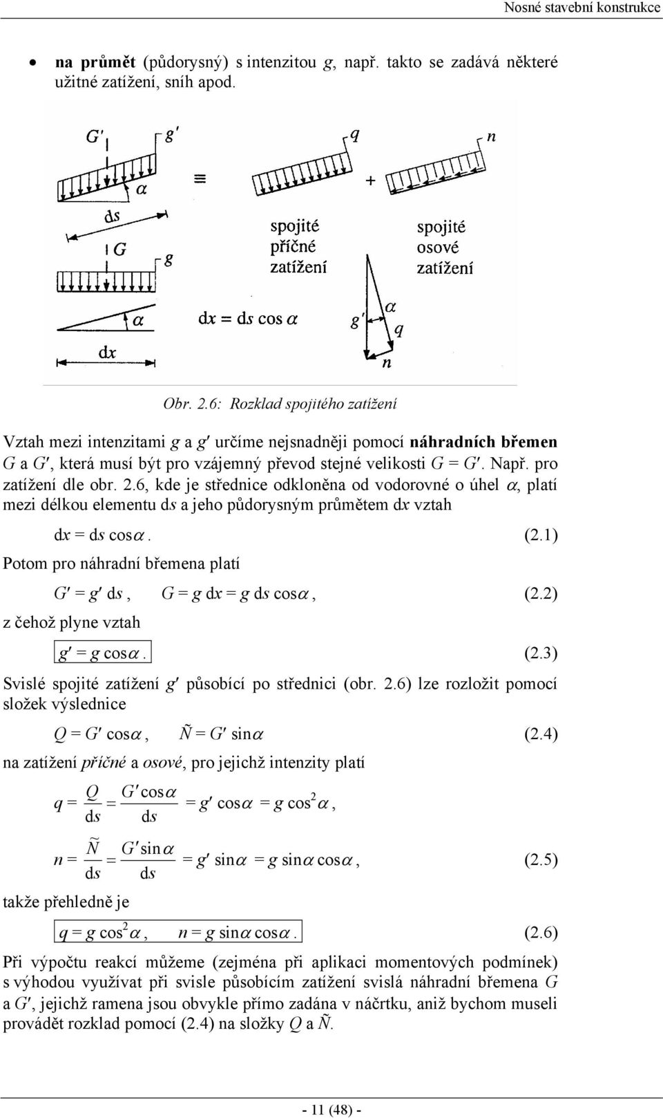 6, kde je střednice odkloněna od vodorovné o úhel α, platí mezi délkou elementu ds a jeho půdorysným průmětem dx vztah dx = ds cosα. (2.