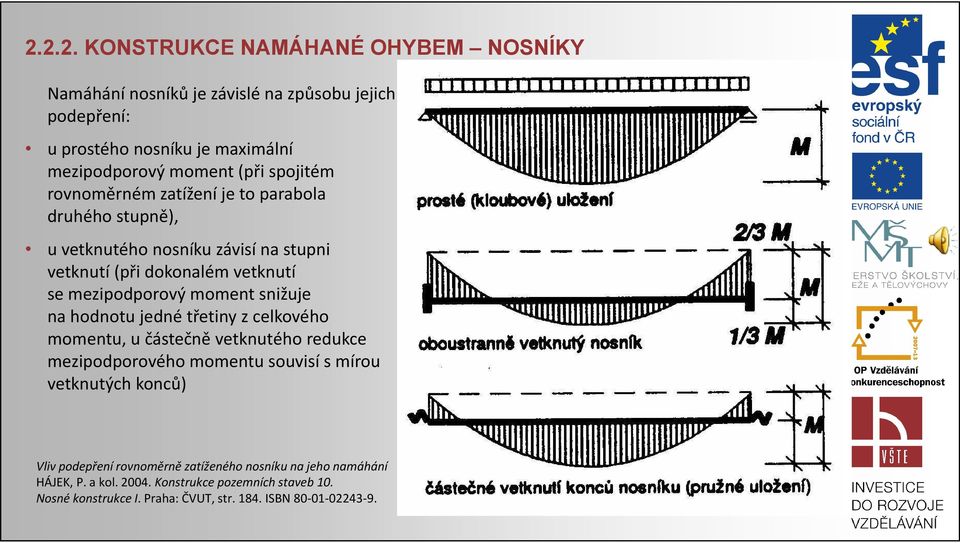 třetiny z celkového momentu, u částečně vetknutého redukce mezipodporovéhomomentu souvisí s mírou vetknutých konců) Vliv podepření rovnoměrně zatíženého nosníku na jeho