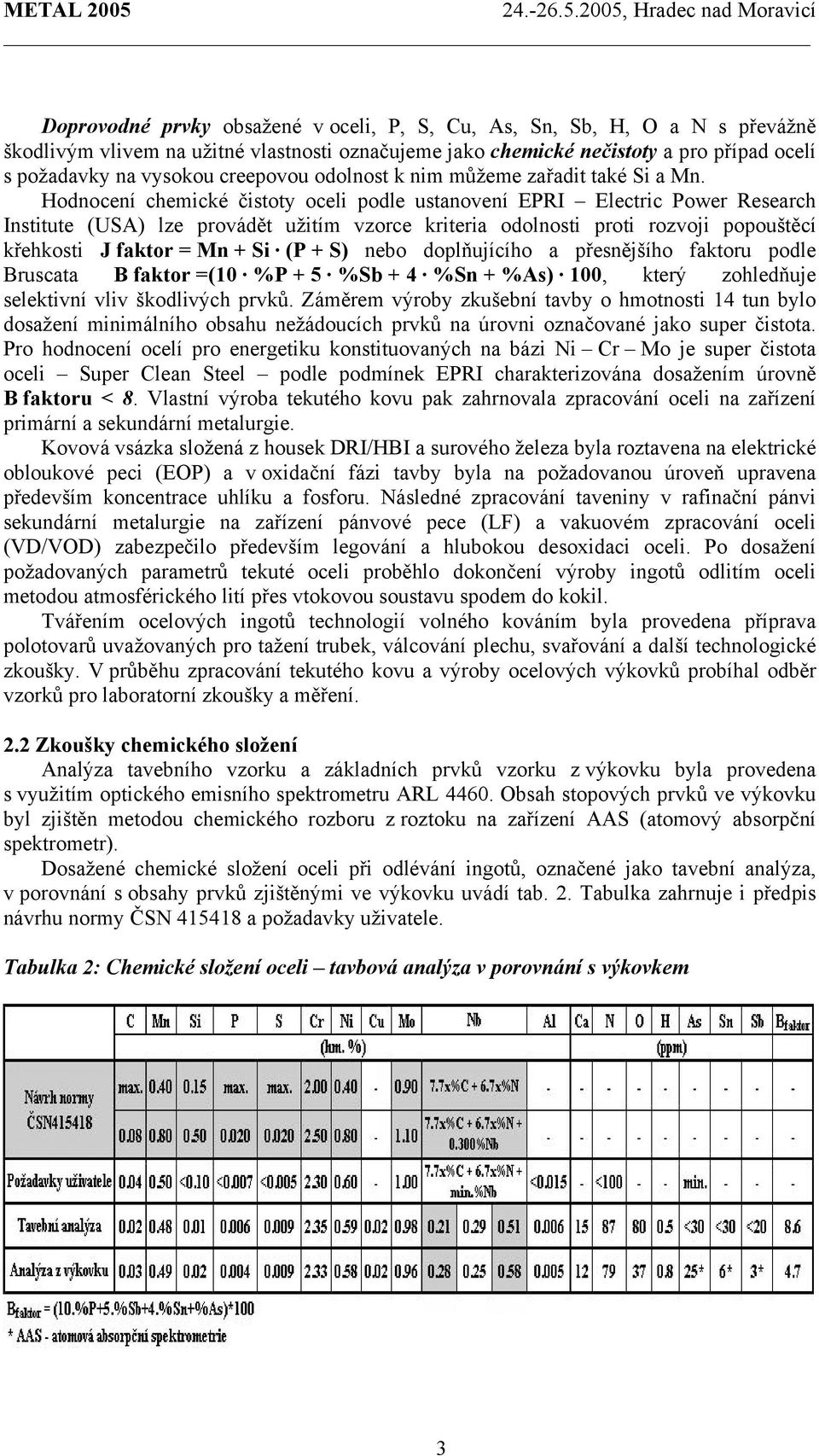 Hodnocení chemické čistoty oceli podle ustanovení EPRI Electric Power Research Institute (USA) lze provádět užitím vzorce kriteria odolnosti proti rozvoji popouštěcí křehkosti J faktor = Mn + Si (P +