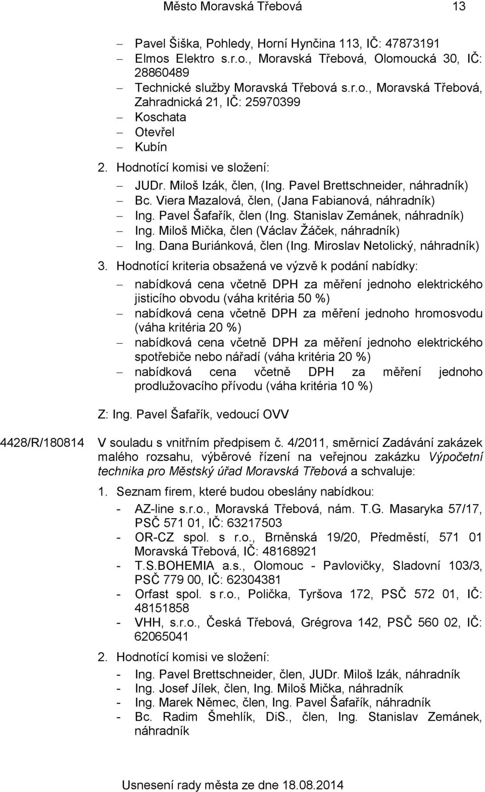 Stanislav Zemánek, náhradník) Ing. Miloš Mička, člen (Václav Žáček, náhradník) Ing. Dana Buriánková, člen (Ing. Miroslav Netolický, náhradník) 3.