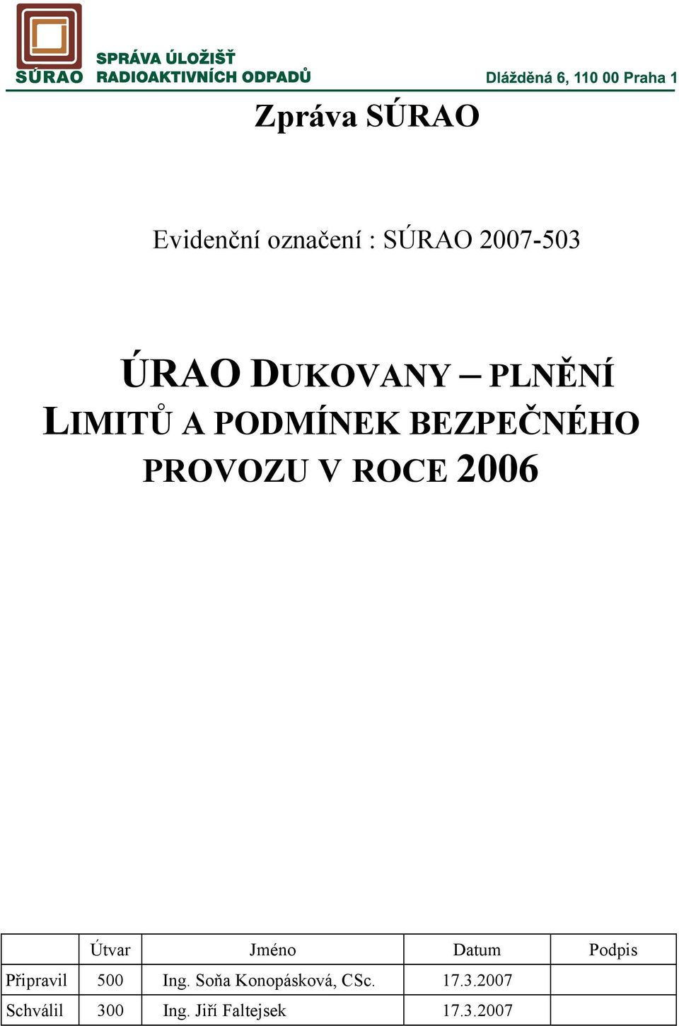 2006 Útvar Jméno Datum Podpis Připravil 500 Ing.