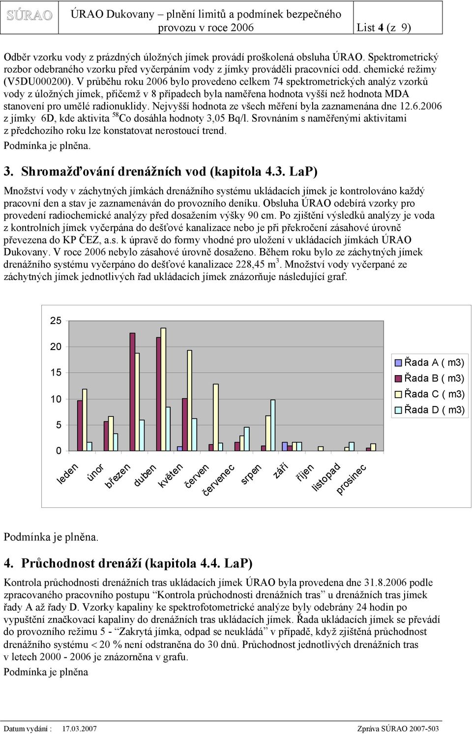 V průběhu roku 2006 bylo provedeno celkem 74 spektrometrických analýz vzorků vody z úložných jímek, přičemž v 8 případech byla naměřena hodnota vyšší než hodnota MDA stanovení pro umělé radionuklidy.