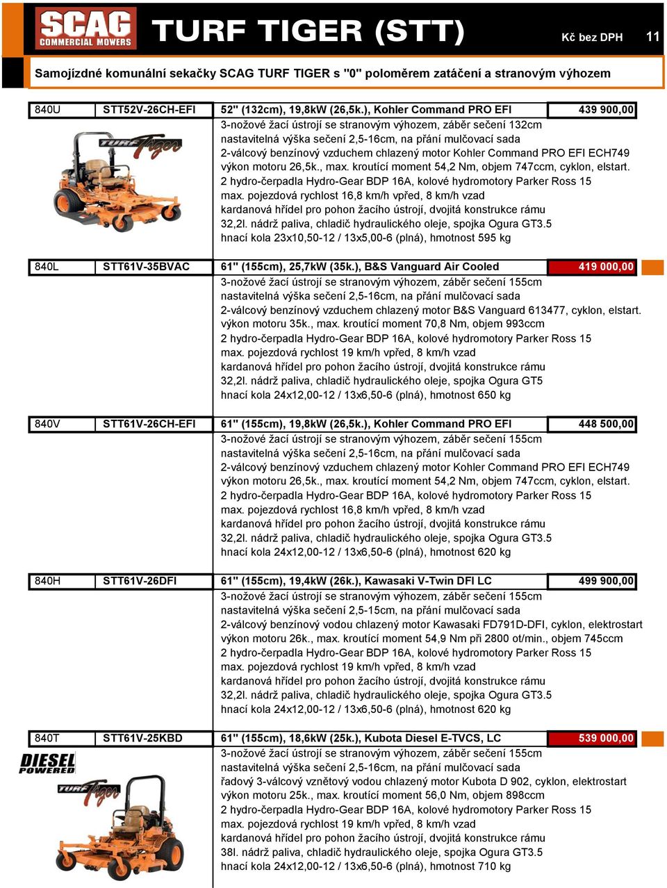 motor Kohler Command PRO EFI ECH749 výkon motoru 26,5k., max. kroutící moment 54,2 Nm, objem 747ccm, cyklon, elstart. 2 hydro-čerpadla Hydro-Gear BDP 16A, kolové hydromotory Parker Ross 15 max.