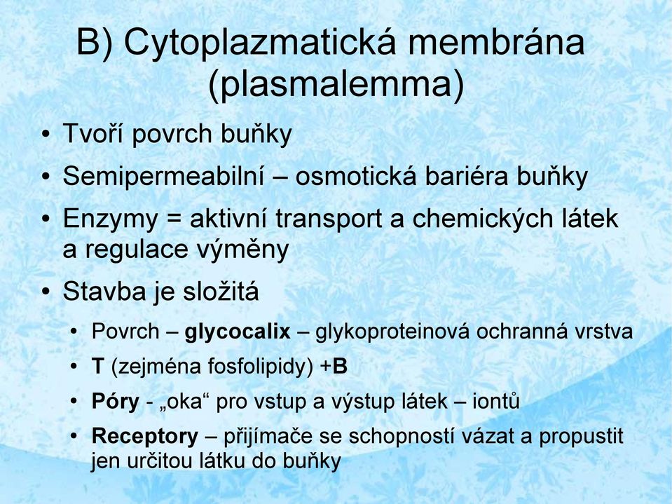 glycocalix glykoproteinová ochranná vrstva T (zejména fosfolipidy) +B Póry - oka pro vstup a