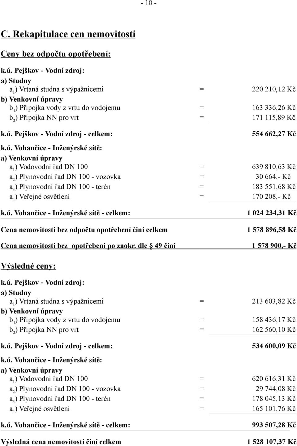 ú. Vohančice - Inženýrské sítě: a) Venkovní úpravy ) Vodovodní řad DN 100 = 639 810,63 Kč a 2 ) Plynovodní řad DN 100 - vozovka = 30 664,- Kč a 3 ) Plynovodní řad DN 100 - terén = 183 551,68 Kč a 4 )