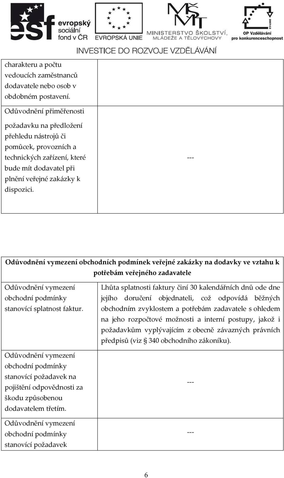 obchodních podmínek veřejné zakázky na dodavky ve vztahu k potřebám veřejného zadavatele stanovící splatnost faktur.