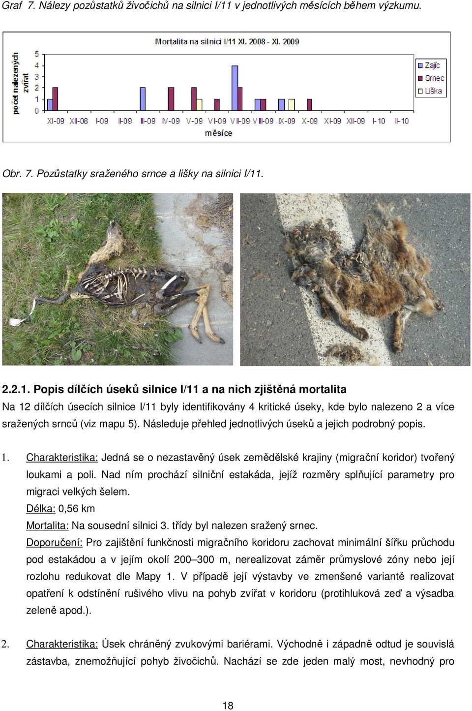 . 2.2.1. Popis dílčích úseků silnice I/11 a na nich zjištěná mortalita Na 12 dílčích úsecích silnice I/11 byly identifikovány 4 kritické úseky, kde bylo nalezeno 2 a více sražených srnců (viz mapu 5).