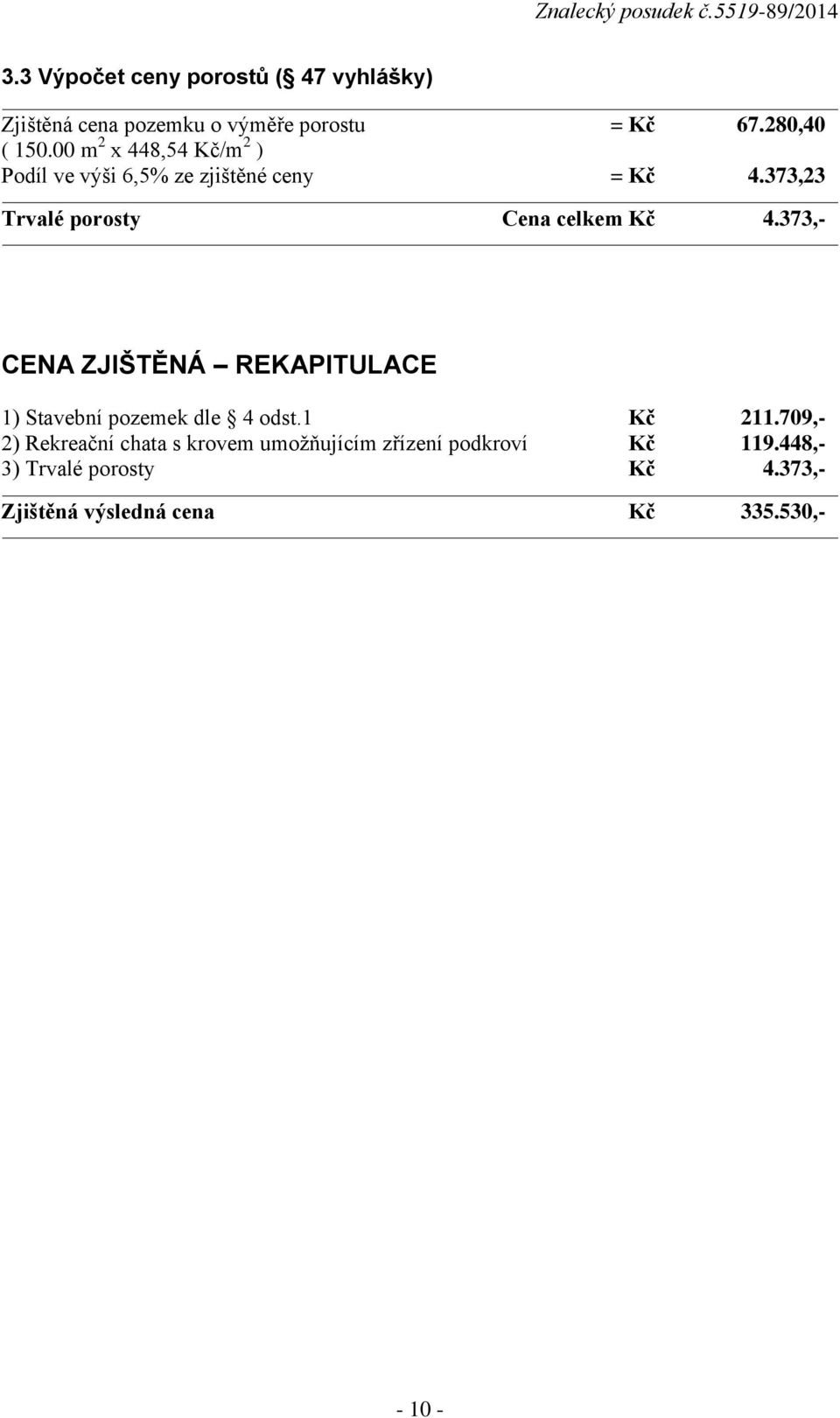 373,- CENA ZJIŠTĚNÁ REKAPITULACE 1) Stavební pozemek dle 4 odst.1 Kč 211.